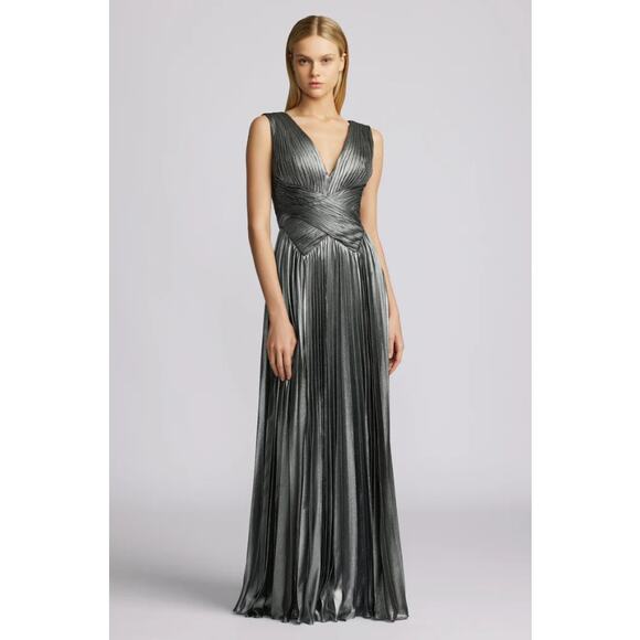 ZAC POSEN Women's Pleated Metallic Chiffon Gown Size 6 Silver Sleeveless NWT - Picture 1 of 12